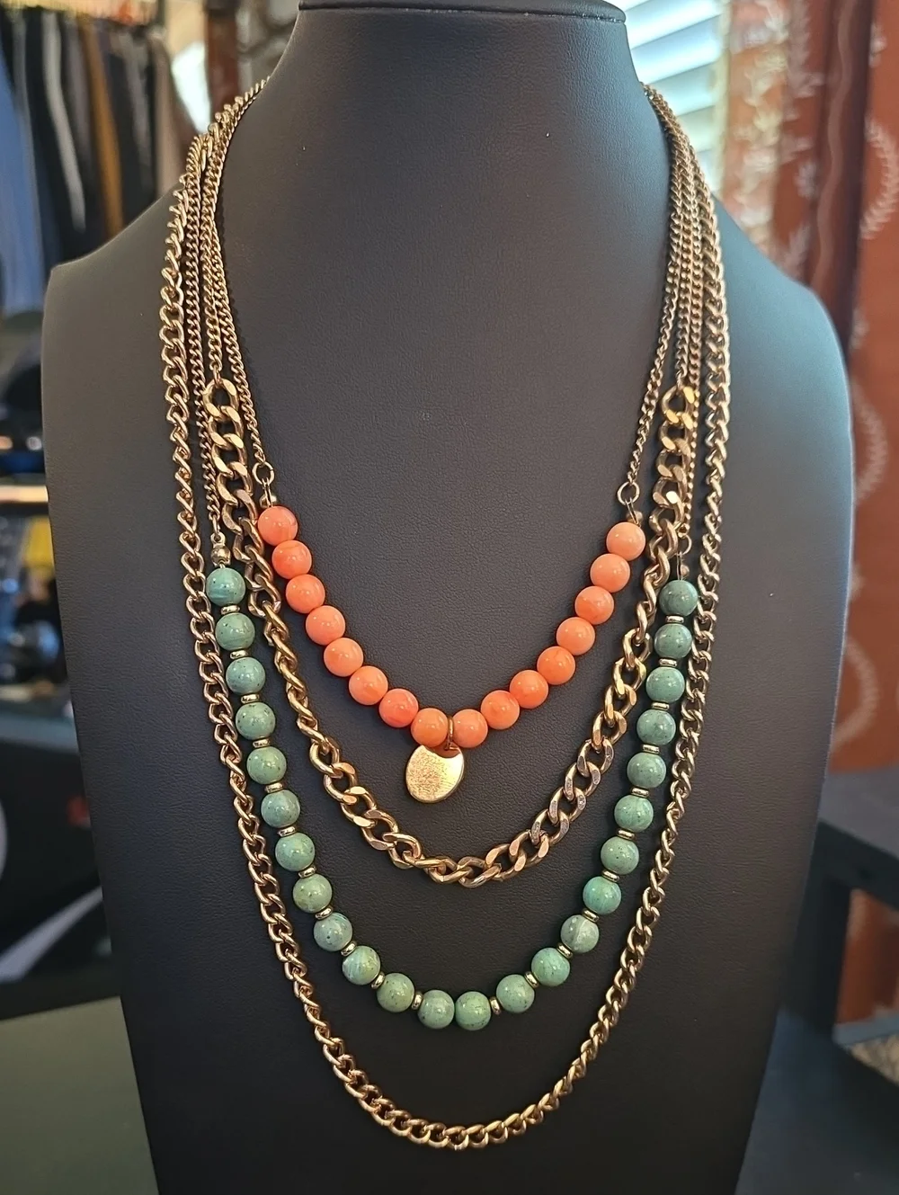 Layered Gold Chain Necklace with Coral and Turquoise Beads